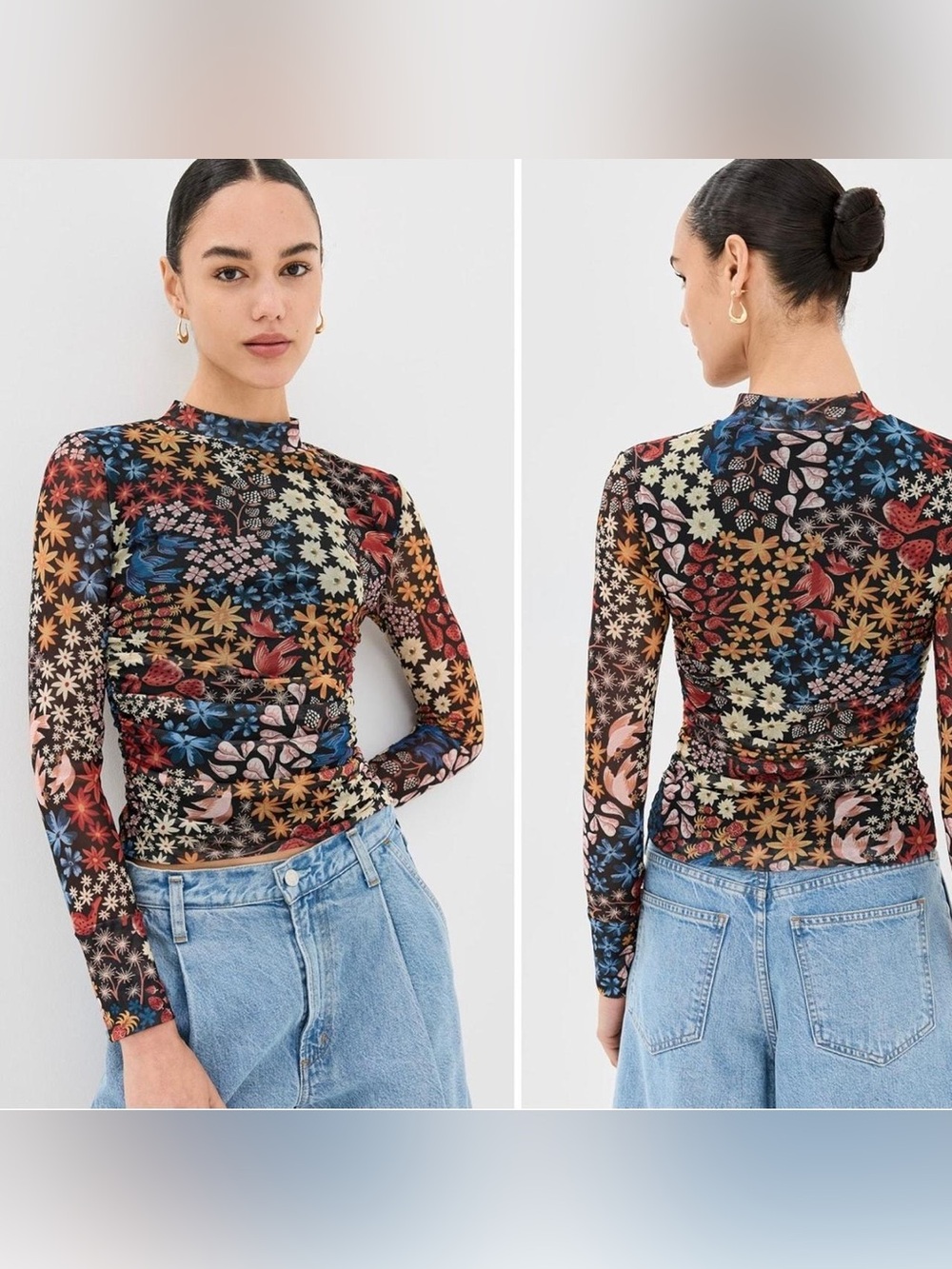 FARM Rio Ruched Mesh Mock Neck Top